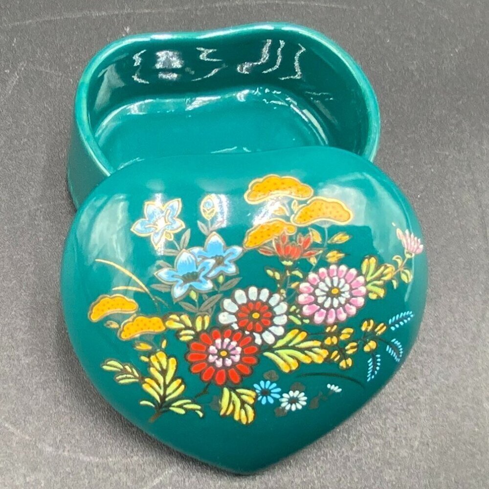 Teal Hand Painted Floral Heart Porcelain Trinket Box Made in Japan
